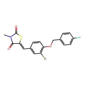 (5Z)-5-{3-bromo-4-[(4-fluorobenzyl)oxy]benzylidene}-3-methyl-1,3-thiazolidine-2,4-dione structure