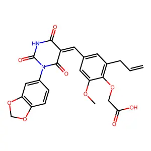 [4-{(E)-[1-(1,3-benzodioxol-5-yl)-2,4,6-trioxotetrahydropyrimidin-5(2H)-ylidene]methyl}-2-methoxy-6-(prop-2-en-1-yl)phenoxy]acetic acid structure