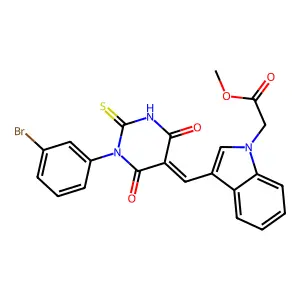 methyl (3-{(E)-[1-(3-bromophenyl)-4,6-dioxo-2-thioxotetrahydropyrimidin-5(2H)-ylidene]methyl}-1H-indol-1-yl)acetate structure