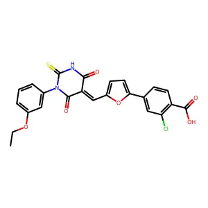 2-chloro-4-[5-[(Z)-[1-(3-ethoxyphenyl)-4,6-dioxo-2-sulfanylidene-1,3-diazinan-5-ylidene]methyl]furan-2-yl]benzoic acid structure