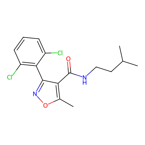 3-(2,6-dichlorophenyl)-5-methyl-N-(3-methylbutyl)-1,2-oxazole-4-carboxamide structure
