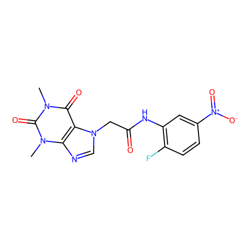 2-(1,3-dimethyl-2,6-dioxo-1,2,3,6-tetrahydro-7H-purin-7-yl)-N-(2-fluoro-5-nitrophenyl)acetamide structure