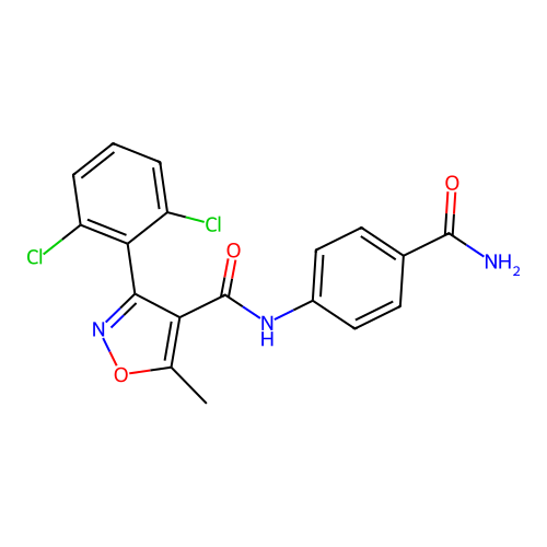 N-(4-carbamoylphenyl)-3-(2,6-dichlorophenyl)-5-methyl-1,2-oxazole-4-carboxamide structure