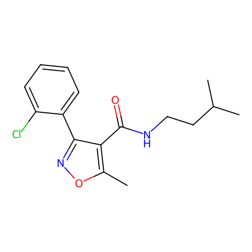 3-(2-chlorophenyl)-5-methyl-N-(3-methylbutyl)-1,2-oxazole-4-carboxamide structure