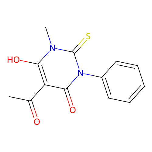 5-acetyl-6-hydroxy-3-methyl-1-phenyl-2-thioxo-2,3-dihydropyrimidin-4(1H)-one structure