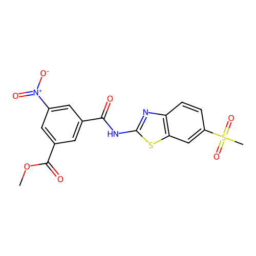 methyl 5-{N-[6-(methylsulfonyl)benzothiazol-2-yl]carbamoyl}-3-nitrobenzoate structure