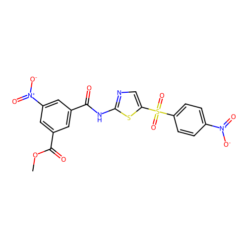 methyl 3-nitro-5-((5-((4-nitrophenyl)sulfonyl)thiazol-2-yl)carbamoyl)benzoate structure