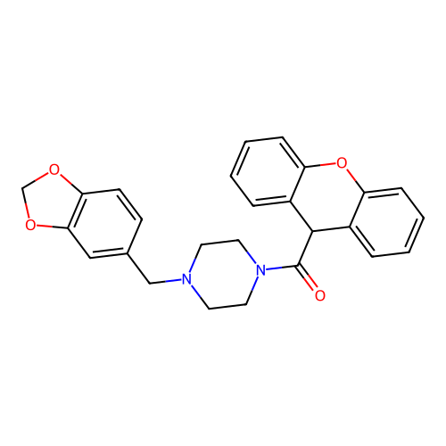 [4-(1,3-benzodioxol-5-ylmethyl)piperazin-1-yl](9H-xanthen-9-yl)methanone structure
