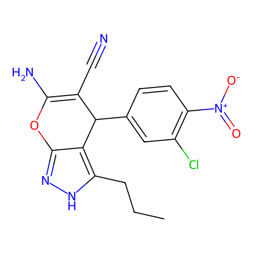 6-amino-4-(3-chloro-4-nitrophenyl)-3-propyl-1,4-dihydropyrano[2,3-c]pyrazole-5-carbonitrile structure