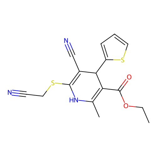 Ethyl 5-cyano-6-(cyanomethylsulfanyl)-2-methyl-4-thiophen-2-yl-1,4-dihydropyridine-3-carboxylate structure