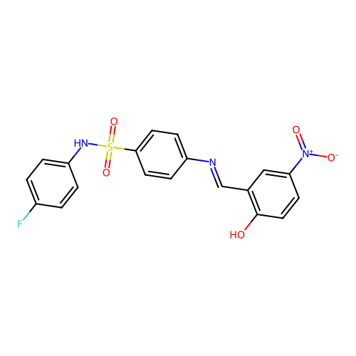 N-(4-fluorophenyl)-4-[(2-hydroxy-5-nitrobenzylidene)amino]benzenesulfonamide structure