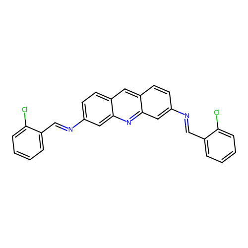 N,N'-bis[(E)-(2-chlorophenyl)methylidene]acridine-3,6-diamine structure