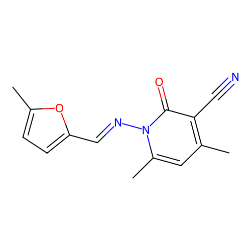4,6-dimethyl-1-{[(5-methyl-2-furyl)methylene]amino}-2-oxo-1,2-dihydropyridine-3-carbonitrile structure