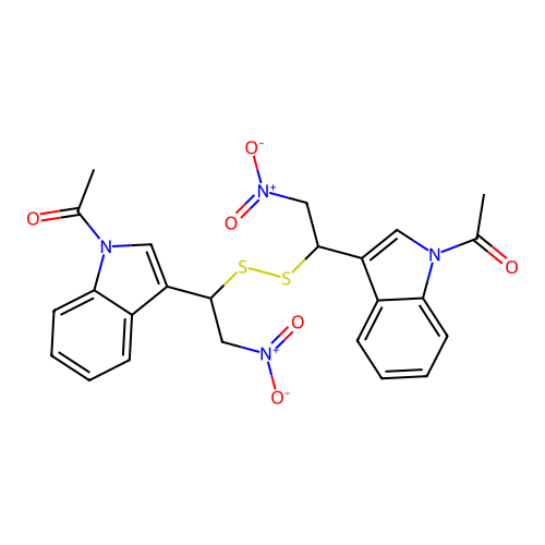 1,1'-{disulfanediylbis[(2-nitroethane-1,1-diyl)-1H-indole-3,1-diyl]}diethanone structure
