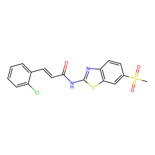 (2E)-3-(2-chlorophenyl)-N-[6-(methylsulfonyl)-1,3-benzothiazol-2-yl]prop-2-enamide structure