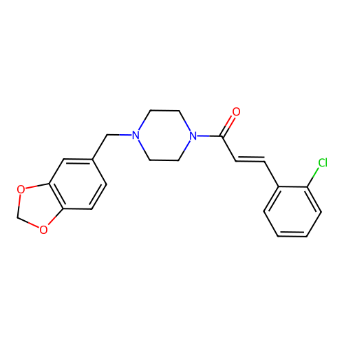 (2E)-1-[4-(1,3-benzodioxol-5-ylmethyl)piperazin-1-yl]-3-(2-chlorophenyl)prop-2-en-1-one structure