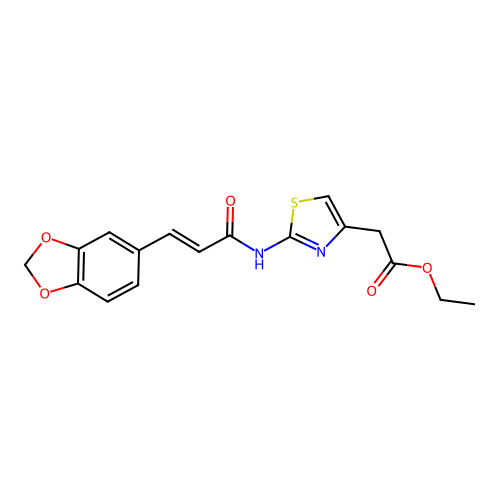 (E)-ethyl 2-(2-(3-(benzo[d][1,3]dioxol-5-yl)acrylamido)thiazol-4-yl)acetate structure