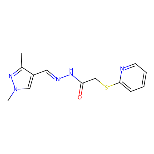 N-[(E)-(1,3-dimethylpyrazol-4-yl)methylideneamino]-2-pyridin-2-ylsulfanylacetamide structure