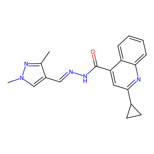 2-cyclopropyl-N'-[(E)-(1,3-dimethyl-1H-pyrazol-4-yl)methylidene]quinoline-4-carbohydrazide structure