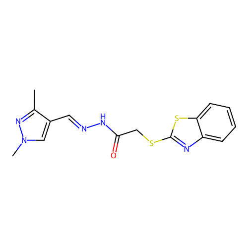 (E)-2-(benzo[d]thiazol-2-ylthio)-N'-((1,3-dimethyl-1H-pyrazol-4-yl)methylene)acetohydrazide structure