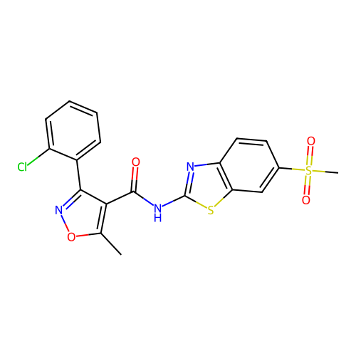 3-(2-chlorophenyl)-5-methyl-N-[6-(methylsulfonyl)-1,3-benzothiazol-2-yl]-1,2-oxazole-4-carboxamide structure