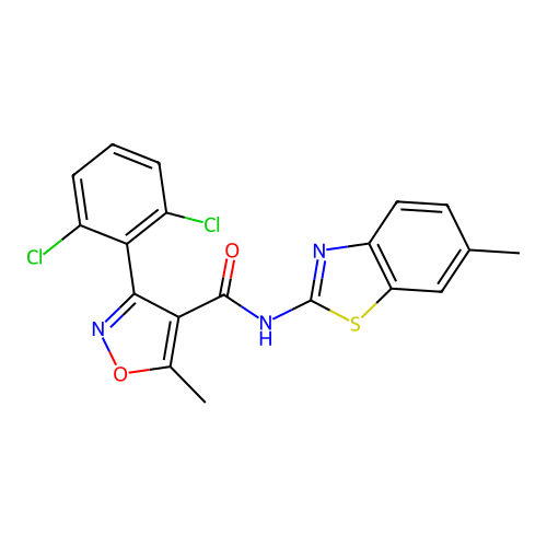 3-(2,6-dichlorophenyl)-5-methyl-N-(6-methyl-1,3-benzothiazol-2-yl)-1,2-oxazole-4-carboxamide structure