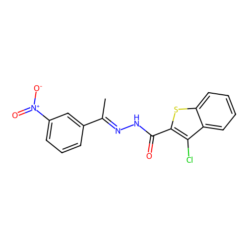 3-chloro-N'-(1-{3-nitrophenyl}ethylidene)-1-benzothiophene-2-carbohydrazide structure