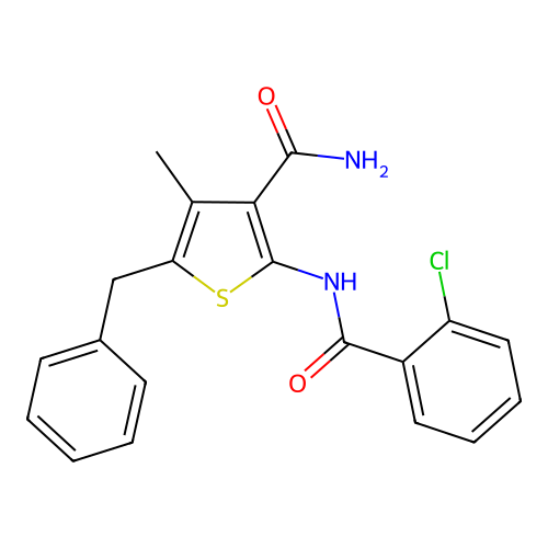 2-[(2-Chlorophenyl)carbonylamino]-4-methyl-5-benzylthiophene-3-carboxamide structure