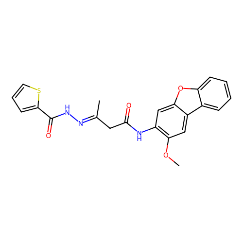 N-(2-methoxydibenzo[b,d]furan-3-yl)-3-[(2-thienylcarbonyl)hydrazono]butanamide structure
