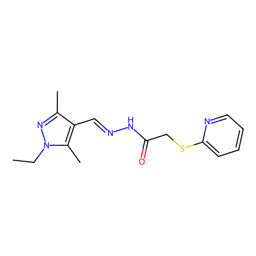 N-[(E)-(1-ethyl-3,5-dimethylpyrazol-4-yl)methylideneamino]-2-pyridin-2-ylsulfanylacetamide structure