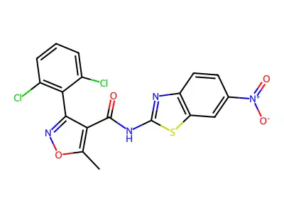 3-(2,6-dichlorophenyl)-5-methyl-N-(6-nitro-1,3-benzothiazol-2-yl)-1,2-oxazole-4-carboxamide structure