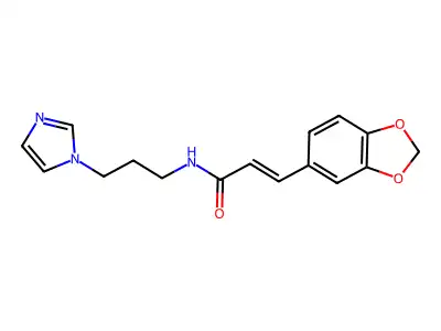 (E)-3-(1,3-benzodioxol-5-yl)-N-(3-imidazol-1-ylpropyl)prop-2-enamide structure