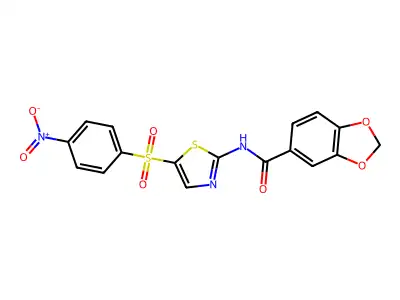 N-(5-((4-nitrophenyl)sulfonyl)thiazol-2-yl)benzo[d][1,3]dioxole-5-carboxamide structure