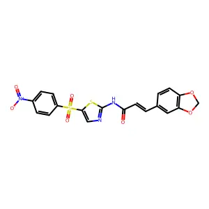 (2E)-3-(1,3-benzodioxol-5-yl)-N-{5-[(4-nitrophenyl)sulfonyl]-1,3-thiazol-2-yl}prop-2-enamide structure