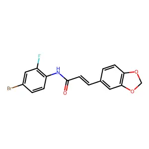 (E)-3-(1,3-benzodioxol-5-yl)-N-(4-bromo-2-fluorophenyl)prop-2-enamide structure