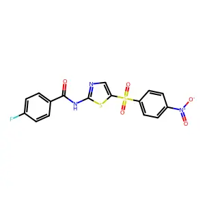 4-fluoro-N-(5-((4-nitrophenyl)sulfonyl)thiazol-2-yl)benzamide structure