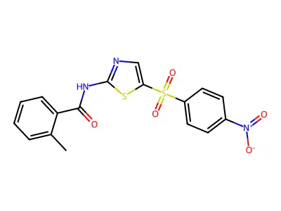 2-methyl-N-(5-((4-nitrophenyl)sulfonyl)thiazol-2-yl)benzamide structure
