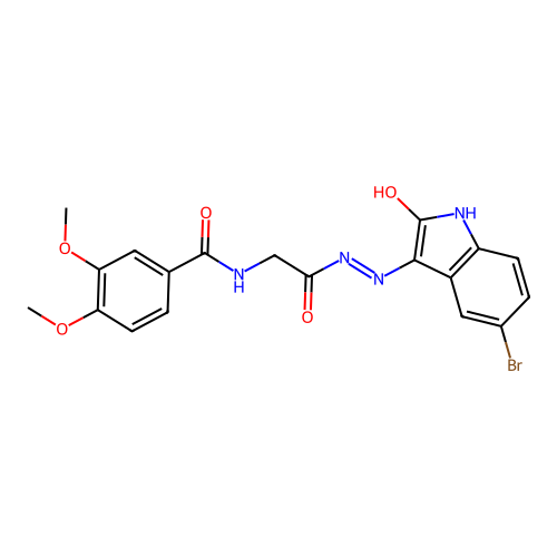 (E)-N-(2-(2-(5-bromo-2-oxoindolin-3-ylidene)hydrazinyl)-2-oxoethyl)-3,4-dimethoxybenzamide structure