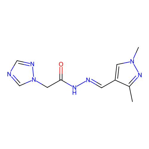 N-[(E)-(1,3-dimethylpyrazol-4-yl)methylideneamino]-2-(1,2,4-triazol-1-yl)acetamide structure