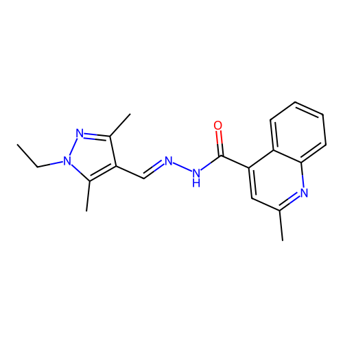 N-[(E)-(1-ethyl-3,5-dimethylpyrazol-4-yl)methylideneamino]-2-methylquinoline-4-carboxamide structure
