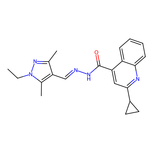 2-cyclopropyl-N'-[(E)-(1-ethyl-3,5-dimethyl-1H-pyrazol-4-yl)methylidene]quinoline-4-carbohydrazide structure