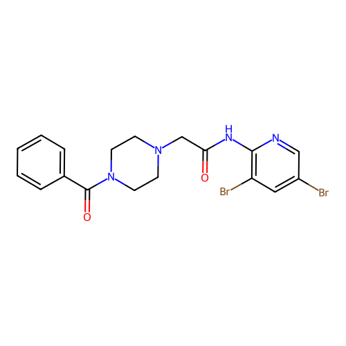 2-(4-benzoylpiperazin-1-yl)-N-(3,5-dibromopyridin-2-yl)acetamide structure