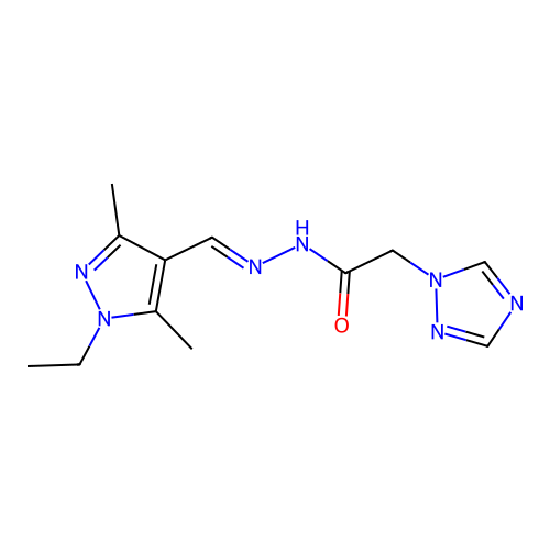 (E)-N'-((1-ethyl-3,5-dimethyl-1H-pyrazol-4-yl)methylene)-2-(1H-1,2,4-triazol-1-yl)acetohydrazide structure