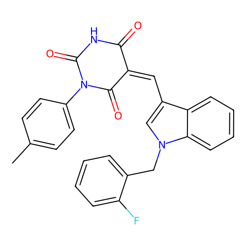 (5Z)-5-[[1-[(2-fluorophenyl)methyl]indol-3-yl]methylidene]-1-(4-methylphenyl)-1,3-diazinane-2,4,6-trione structure