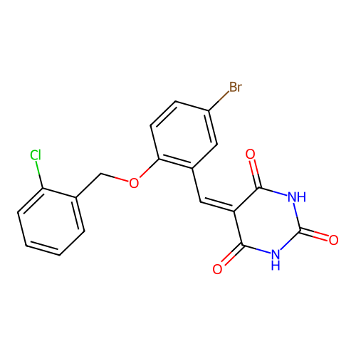5-(5-bromo-2-((2-chlorobenzyl)oxy)benzylidene)pyrimidine-2,4,6(1H,3H,5H)-trione structure