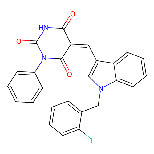 (5Z)-5-[[1-[(2-fluorophenyl)methyl]indol-3-yl]methylidene]-1-phenyl-1,3-diazinane-2,4,6-trione structure