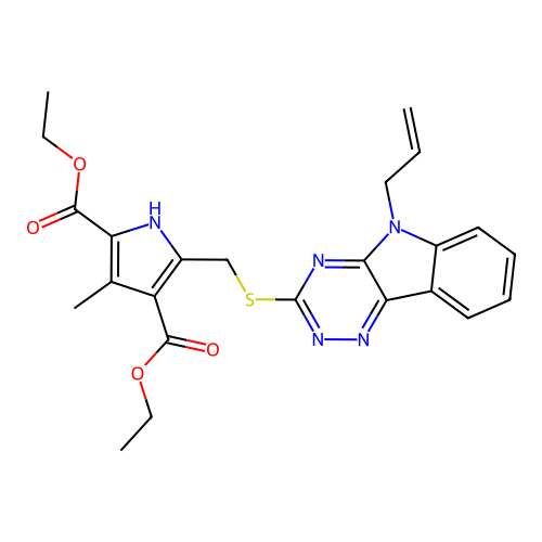 DIETHYL 5-{[(5-ALLYL-5H-[1,2,4]TRIAZINO[5,6-B]INDOL-3-YL)SULFANYL]METHYL}-3-METHYL-1H-PYRROLE-2,4-DICARBOXYLATE structure
