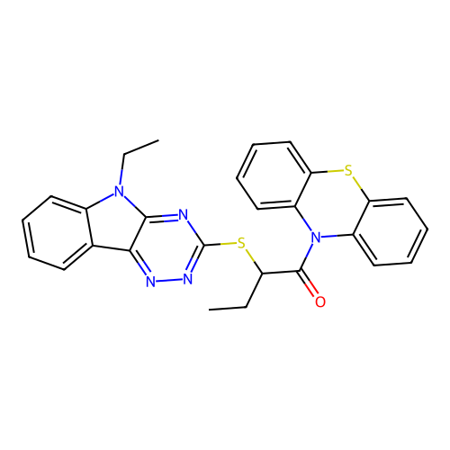 2-[(5-ethyl-[1,2,4]triazino[5,6-b]indol-3-yl)sulfanyl]-1-phenothiazin-10-ylbutan-1-one structure