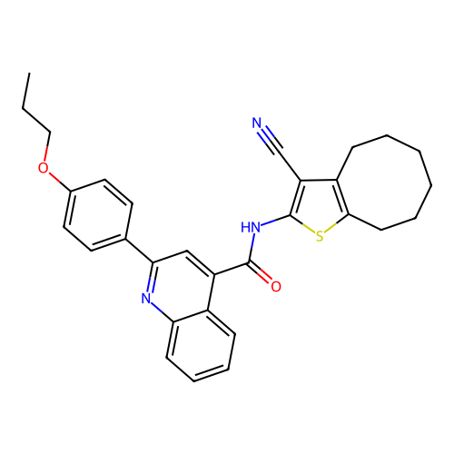 N-(3-cyano-4,5,6,7,8,9-hexahydrocycloocta[b]thiophen-2-yl)-2-(4-propoxyphenyl)quinoline-4-carboxamide structure