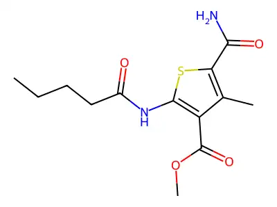 Methyl 5-carbamoyl-4-methyl-2-(pentanoylamino)thiophene-3-carboxylate structure